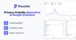 Panel de Plausible Analytics con la gráfica de visitantes, referrers y páginas más vistas
